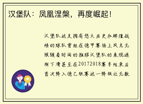 汉堡队：凤凰涅槃，再度崛起！