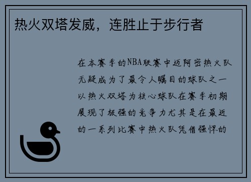 热火双塔发威，连胜止于步行者